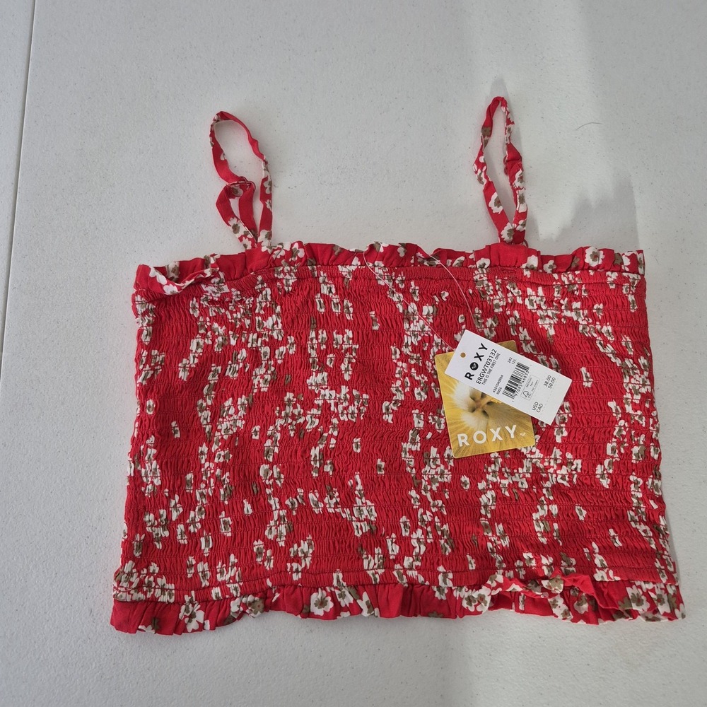 Roxy Girl Crop Top Womens Large 12 Red Floral Smocked Sleeveless Summer Festival